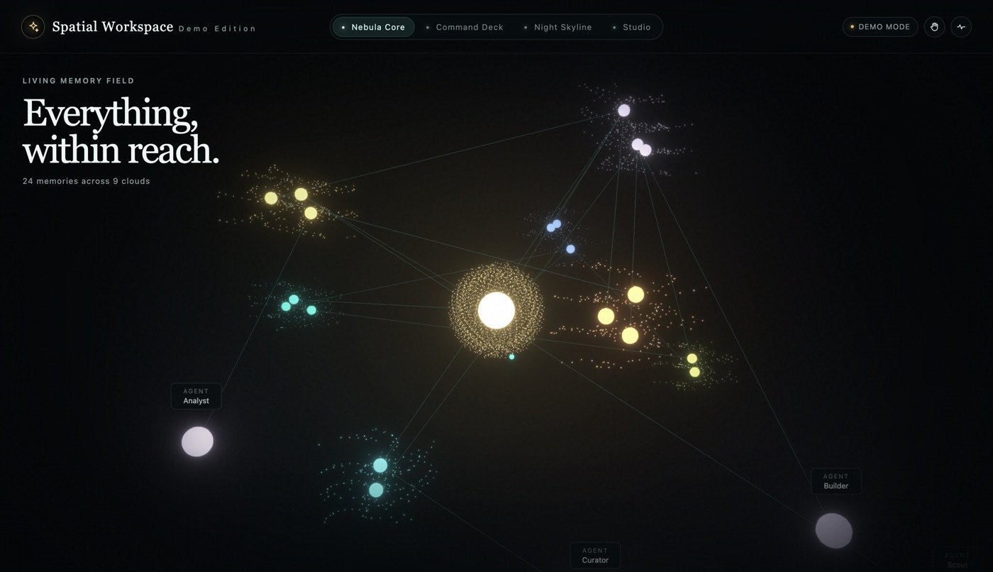 CORYPH Spatial's Nebula Core: a glowing particle core surrounded by colored memory clusters and labeled agents