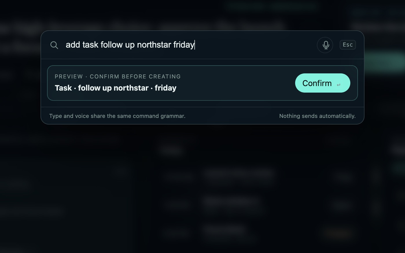 The command bar reading add task follow up northstar friday, with a preview card and a Confirm button, and the line Nothing sends automatically