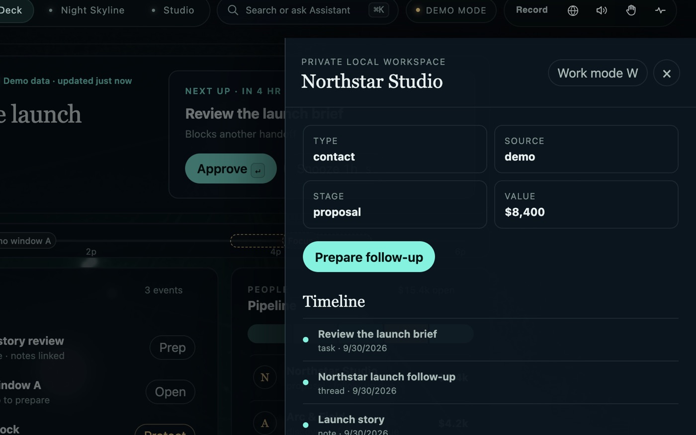 A contact sheet for Northstar Studio over the Command Deck: stage proposal, value $8,400, a Prepare follow-up button and a timeline of the linked task, thread and note