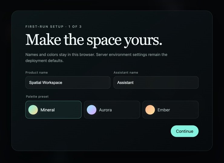 First-run setup: make the space yours, with product name, assistant name and palette presets Mineral, Aurora and Ember