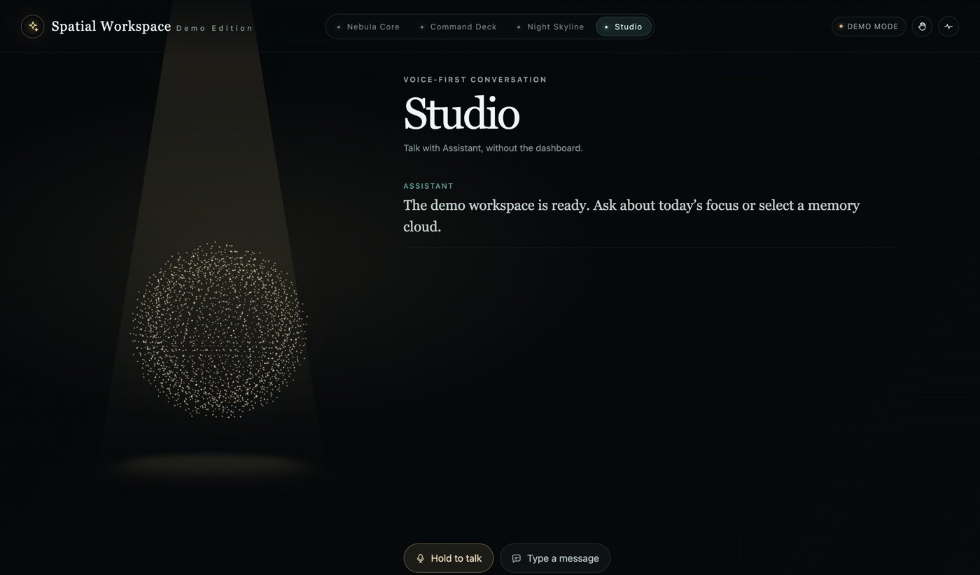 Studio room: a particle sphere under a spotlight beside the conversation, with Hold to talk and Type a message buttons